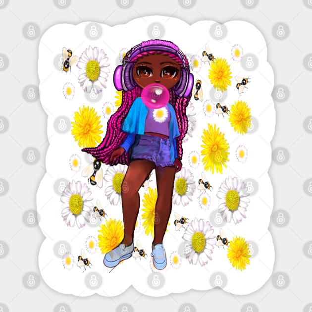 Beautiful Brown skin African American girl with Afro hair in pink braids blowing bubblegum and wearing headphones listening to music. Black girls rock, black girl magic,melanin poppin queen anime girl drawn in manga style Sticker by Artonmytee